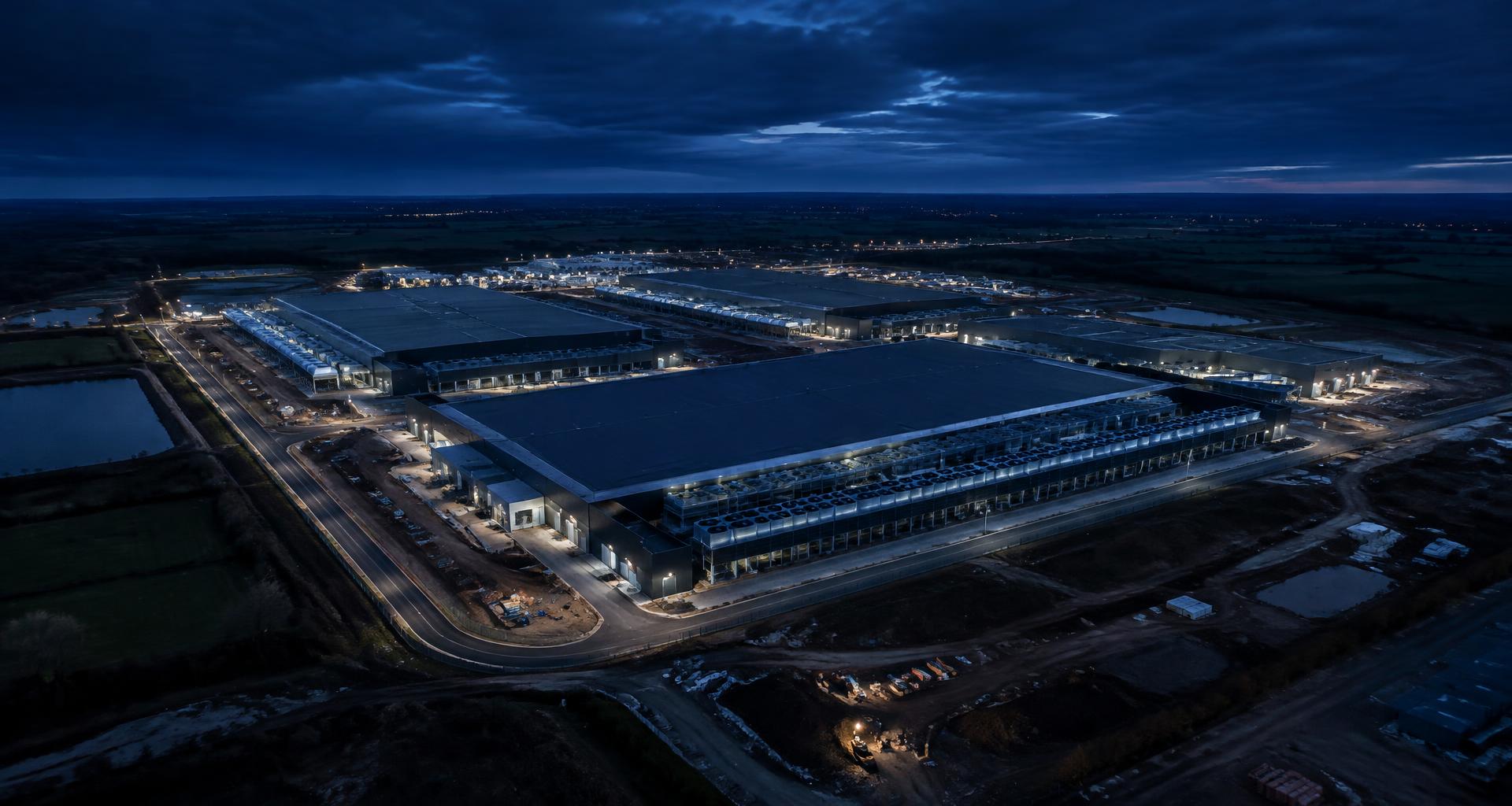 Aerial night view of a hyperscale data centre campus under a deep blue sky