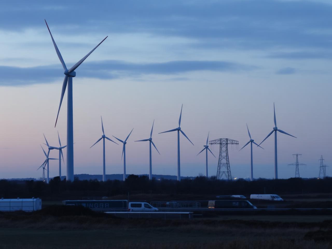 Wind turbines and a substation at dusk in Yorkshire
